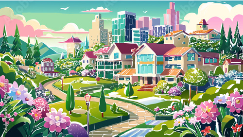 vector graphics, design, panoramic view, town, city, banner, postcard, trees, houses, real estate, map, invitation, advertising, sketch, project, rent, presentation