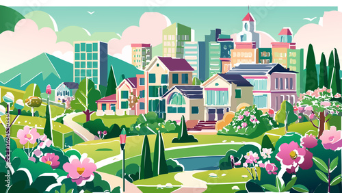 vector graphics, design, panoramic view, town, city, banner, postcard, trees, houses, real estate, map, invitation, advertising, sketch, project, rent, presentation