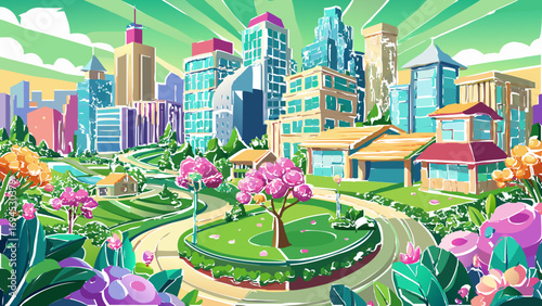 vector graphics, design, panoramic view, town, city, banner, postcard, trees, houses, real estate, map, invitation, advertising, sketch, project, rent, presentation