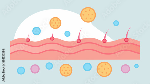 Collagen Production An illustration of skin cells producing collagen fibers with exosomes shown as activating elements that trigger this process highlighting their role in skin