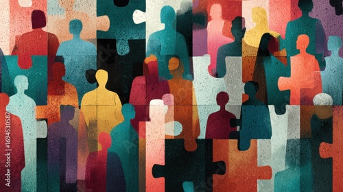 Elegant photo of colorful puzzle pieces form diverse group of people. Concept of teamwork, business structure. Visualizes company departments, teams. Illustrates hiring new.