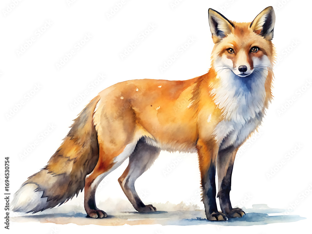 Fototapeta premium Watercolor fox isolated on white background, a charming animal illustration for wildlife and nature themes