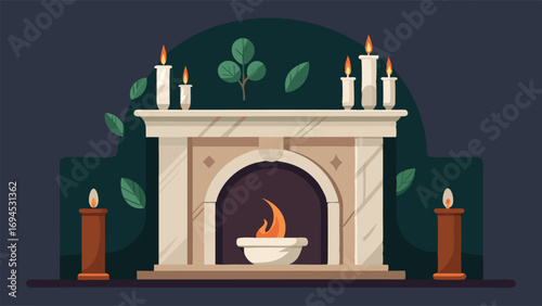 A marble mantel is adorned with a collection of artfully arranged candles creating a cozy and sophisticated ambiance.