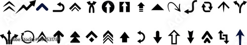 Collection of diverse black and dark blue arrow icons and symbols on white background Keywords: arrow, direction, up