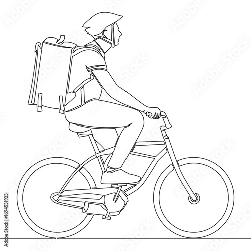 Continuous one single line drawing Delivery worker riding bicycle with package on back icon vector illustration concept