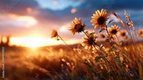 Golden sunflowers bask in the warm glow of a stunning sunset, creating a picturesque scene that evokes feelings of tranquility and beauty in nature's embrace.