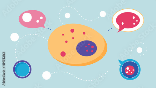 Cellular Communication An illustration showing exosomes as communication bubbles transmitting messages to skin cells represented by dotted lines connecting them.