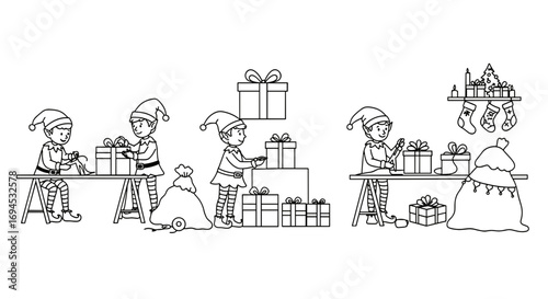 Elves wrapping gifts in Santa's workshop with festive decorations  
