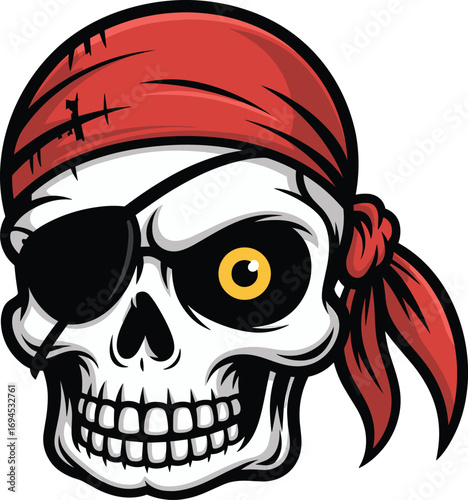 Pirate skull illustration, cartoon skeleton head, red bandana, eye patch, yellow eye, spooky vector art, Halloween character, isolated on black