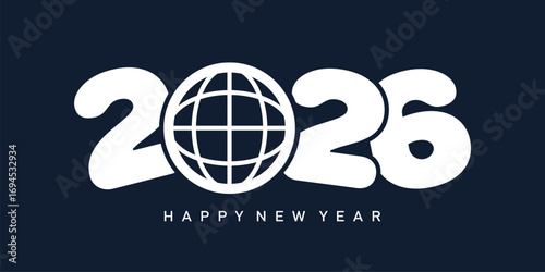 Modern "2026 Happy New Year" design with bold white sans-serif numbers linked by a flowing dark-blue wave on a navy background. Minimalist, clean, dynamic, and optimistic festive style.