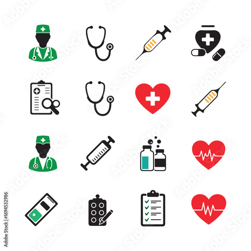 Vector art of medical icon set with doctor, stethoscope, syringe, pill, heart