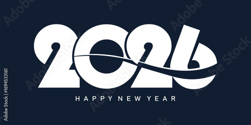 Modern "2026 Happy New Year" design with bold white sans-serif numbers linked by a flowing dark-blue wave on a navy background. Minimalist, clean, dynamic, and optimistic festive style.