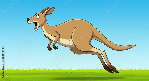 Cartoon kangaroo leaping across green grass and blue sky background