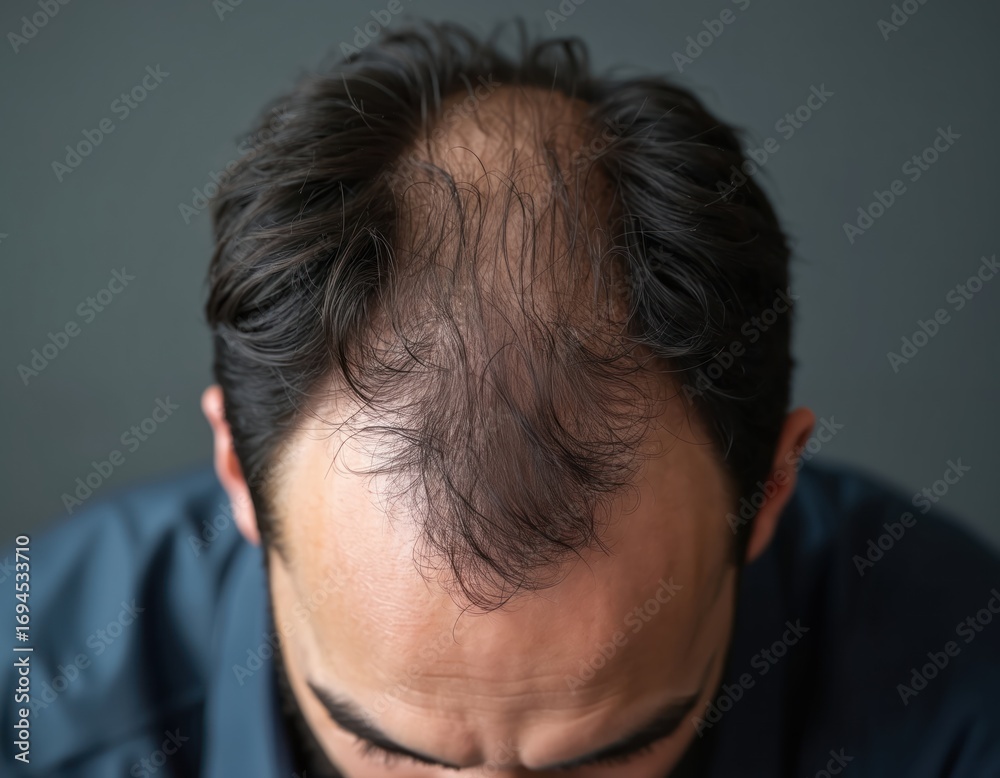Fototapeta premium Close-up of man with thinning hair showing receding hairline and scalp. Male pattern baldness visible on dark hair. Focus on hair loss, grooming, and care solutions.