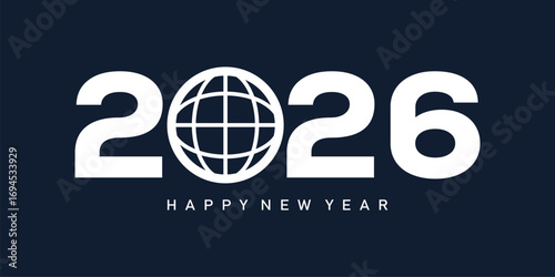 Modern "2026 Happy New Year" design with bold white sans-serif numbers linked by a flowing dark-blue wave on a navy background. Minimalist, clean, dynamic, and optimistic festive style.