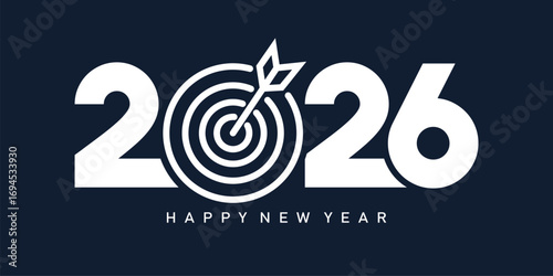 Modern "2026 Happy New Year" design with bold white sans-serif numbers linked by a flowing dark-blue wave on a navy background. Minimalist, clean, dynamic, and optimistic festive style.