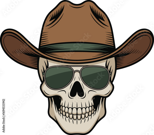 Skull cowboy, vector illustration, western skeleton art, aviator sunglasses, brown hat, edgy character design, Halloween clipart, stylish spooky graphic