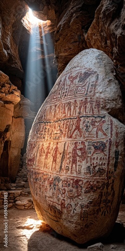 Ancient rock carvings illuminated by sunlight shaft in cave