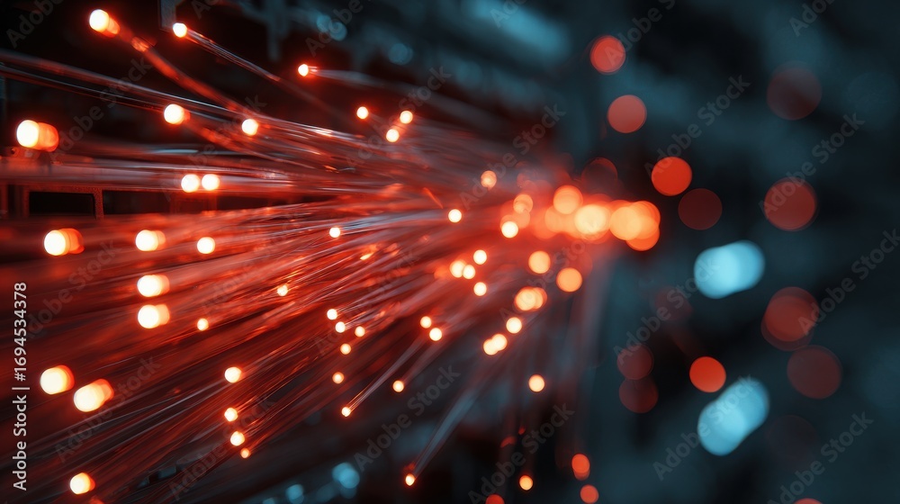 Obraz premium Elegant photo of fiber optic cables glowing, transferring data inside computer server. Neon lights, tech background. Digital communication, high-speed data transfer, internet.
