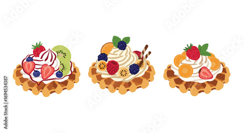 Delicious fresh fruit topped waffles with cream and berries dessert delights