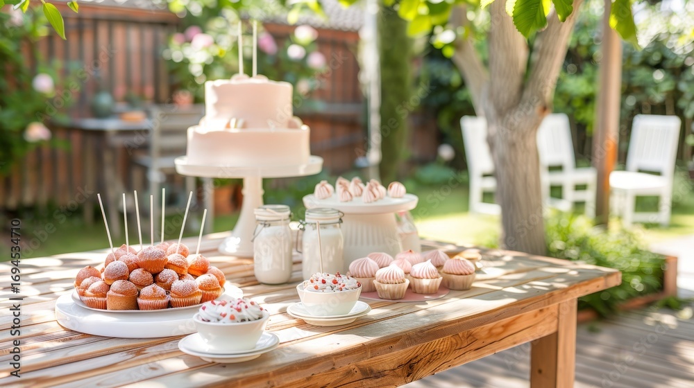 Fototapeta premium Delightful pastel treats beautifully arranged on a charming garden table setting