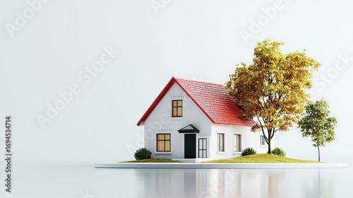 A white and red house with a red roof and a green tree in front of it, set against a white background.