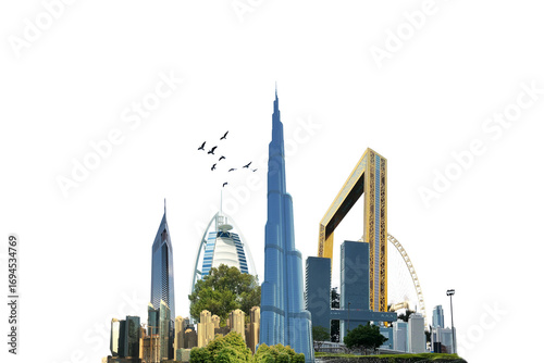 Dubai city on hand 3d concept background. amazing city at sunrise, United Arab Emirates.