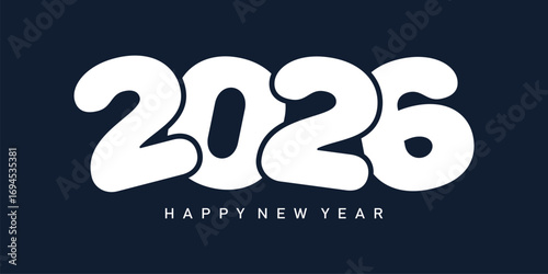 Modern "2026 Happy New Year" design with bold white sans-serif numbers linked by a flowing dark-blue wave on a navy background. Minimalist, clean, dynamic, and optimistic festive style.