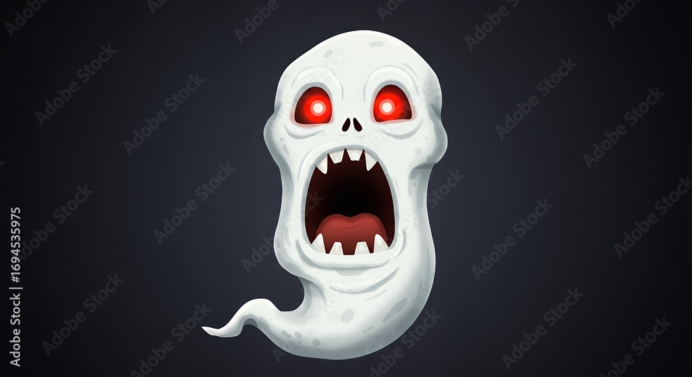 Fototapeta premium Illustration of a cartoon ghost with glowing red eyes against a dark background