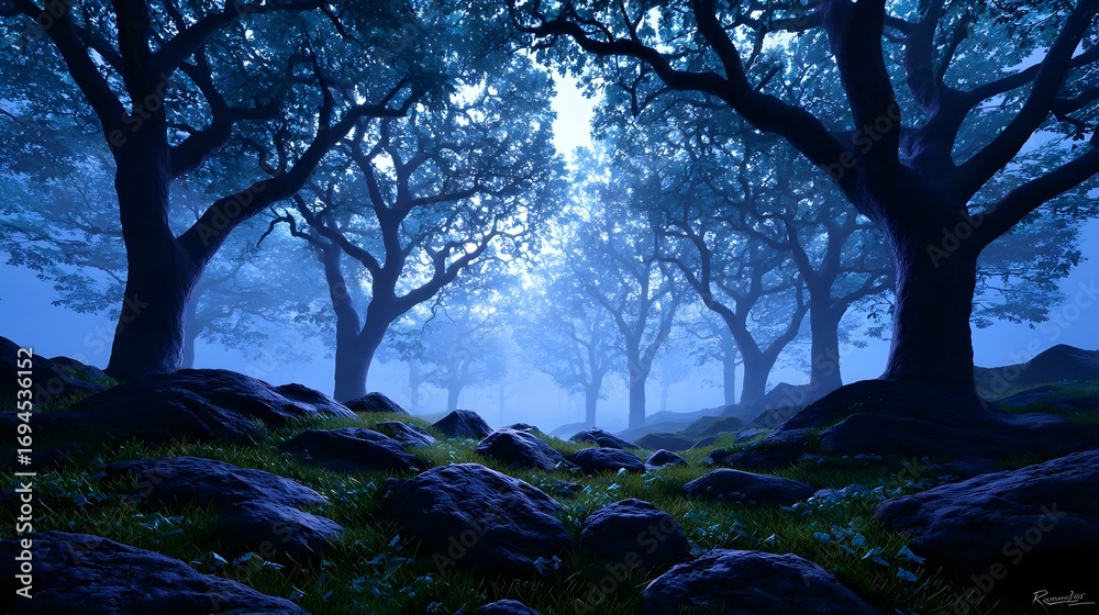 Fototapeta premium A serene and mystical forest scene with towering trees, lush moss-covered rocks, and a mysterious atmosphere created by the foggy, gloomy lighting