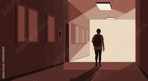 Student with backpack walks down a dimly lit hallway towards a bright opening, symbolizing hope and future possibilities