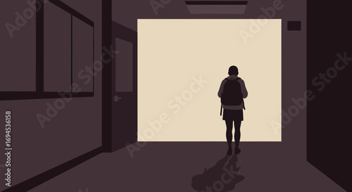 Student with backpack pauses in dimly lit school hallway facing a bright, illuminated doorway, contemplating next steps in their educational journey.
