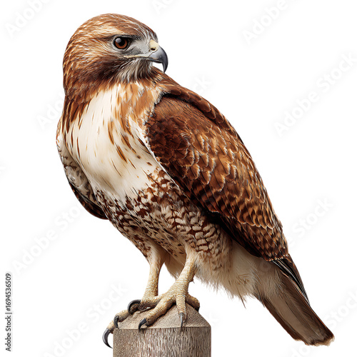 Redtailed hawk perched on a wooden post isolated on transparent background.