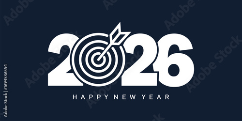 Modern "2026 Happy New Year" design with bold white sans-serif numbers linked by a flowing dark-blue wave on a navy background. Minimalist, clean, dynamic, and optimistic festive style.