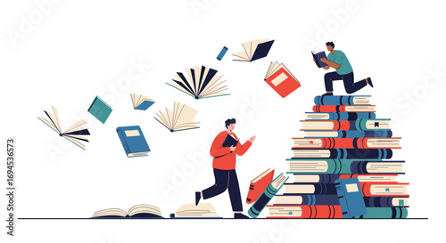 Two people learning from books and knowledge ascending up a tall stack of books