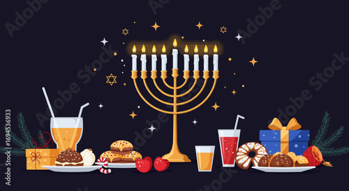 A festive Hanukkah celebration featuring a lit menorah, delicious pastries, fresh fruits, and refreshing beverages, creating a warm and joyful atmosphere for the holiday season