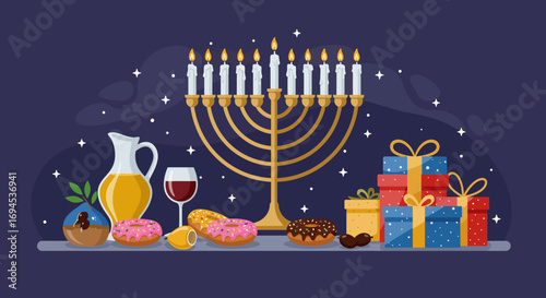 A festive illustration of a menorah, doughnuts, a jug of olive oil, a glass of wine, and gift boxes arranged on a shelf, celebrating Hanukkah with joy and tradition, evoking warmth and holiday spirit