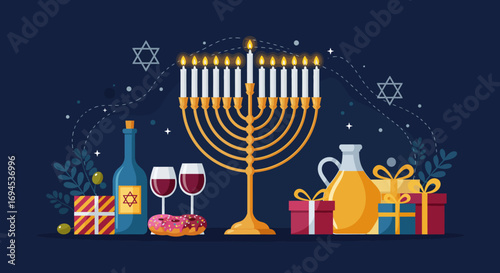 Celebrate Hanukkah with a Menorah, Gifts, Wine, and Treats - A Festive Illustration for the Festival of Lights, Evoking Joy and Tradition during this Jewish Holiday Celebration