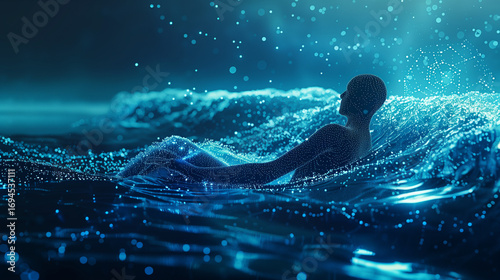 Abstract silhouette of a person sinking into waves of digital code and AI neural networks, conceptual illustration, glowing blue and neon tones, 4K ultra high resolution