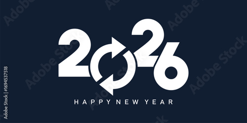 Modern "2026 Happy New Year" design with bold white sans-serif numbers linked by a flowing dark-blue wave on a navy background. Minimalist, clean, dynamic, and optimistic festive style.
