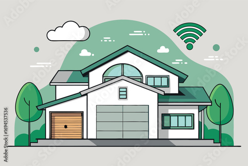 Smart Home Vector Illustration with WiFi Connection and Modern Design Elements