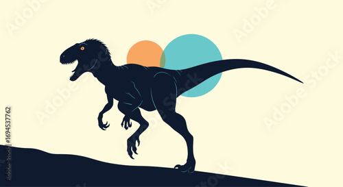 Dinosaur silhouette with abstract circular shapes in the background