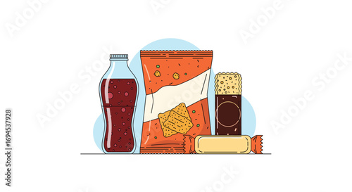 Variety of sweet and salty snack foods and beverages for enjoyment