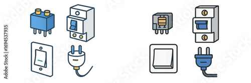 Various electrical components including circuit breakers, wall switches, and power plugs for technical diagrams and educational content