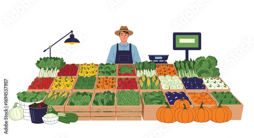 Fresh produce farmer market stall abundant with vegetables and fruits and healthy eating