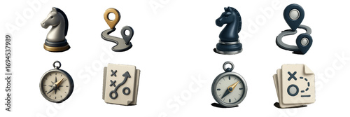 Strategic business planning and navigation concept with chess pieces, map pins, compass, and plan documents