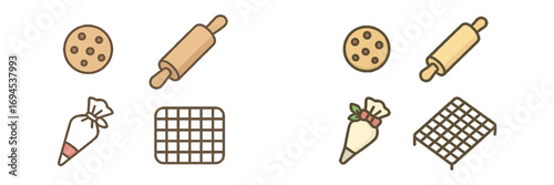 Essential kitchen baking utensils and sweet treats like cookies, rolling pins, piping bags, and cooling racks