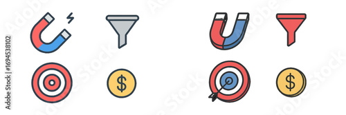Essential business growth and financial success concepts represented by magnet, funnel, target, and money symbols