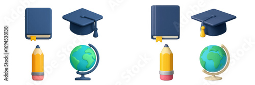 Vibrant collection of essential educational supplies including books, graduation cap, pencil, and globe for learning and academic concepts