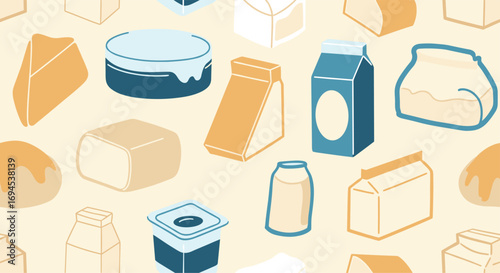 Collection of delicious dairy products and baked goods seamless pattern illustration
